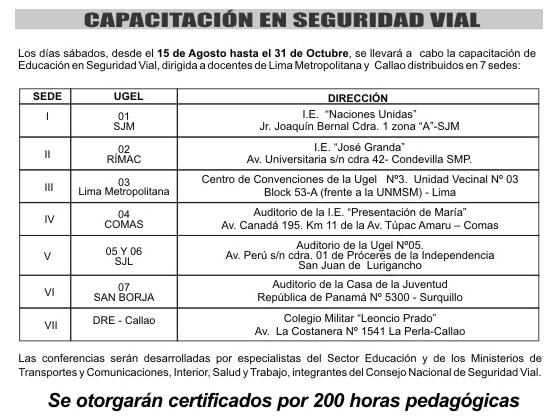 Capacitación en Seguridad Vial: Los días sábados, desde el 15 de Ago al 31 de Oct.